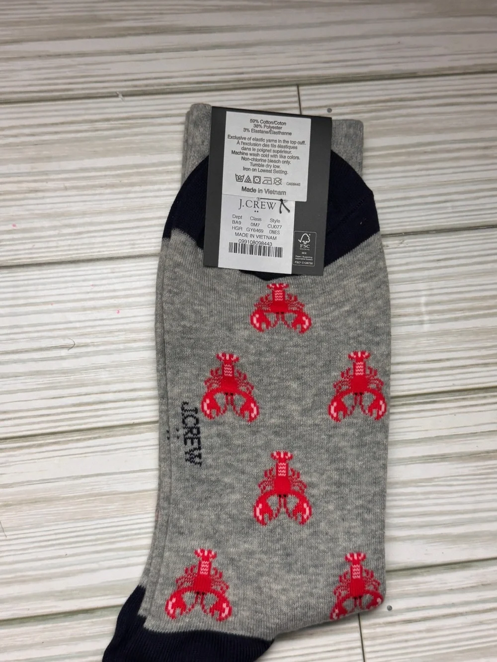 J. Crew Crew Style Gray Lobster Pattern Socks One Size New With Tag
